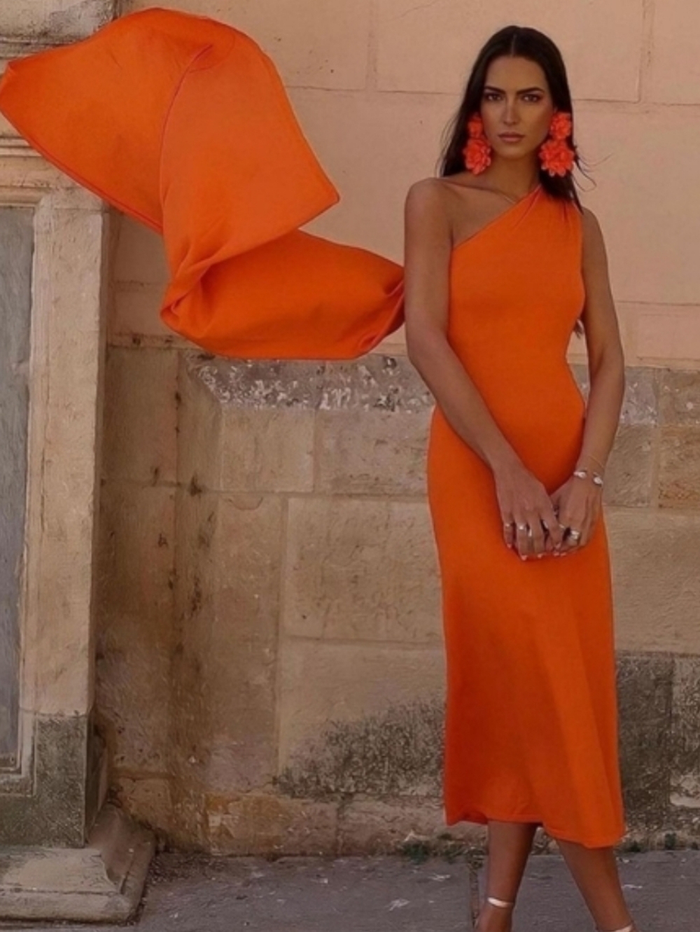 ZARA LONG KNIT CAPE DRESS ORANGE SIZE M - Picture 2 of 15